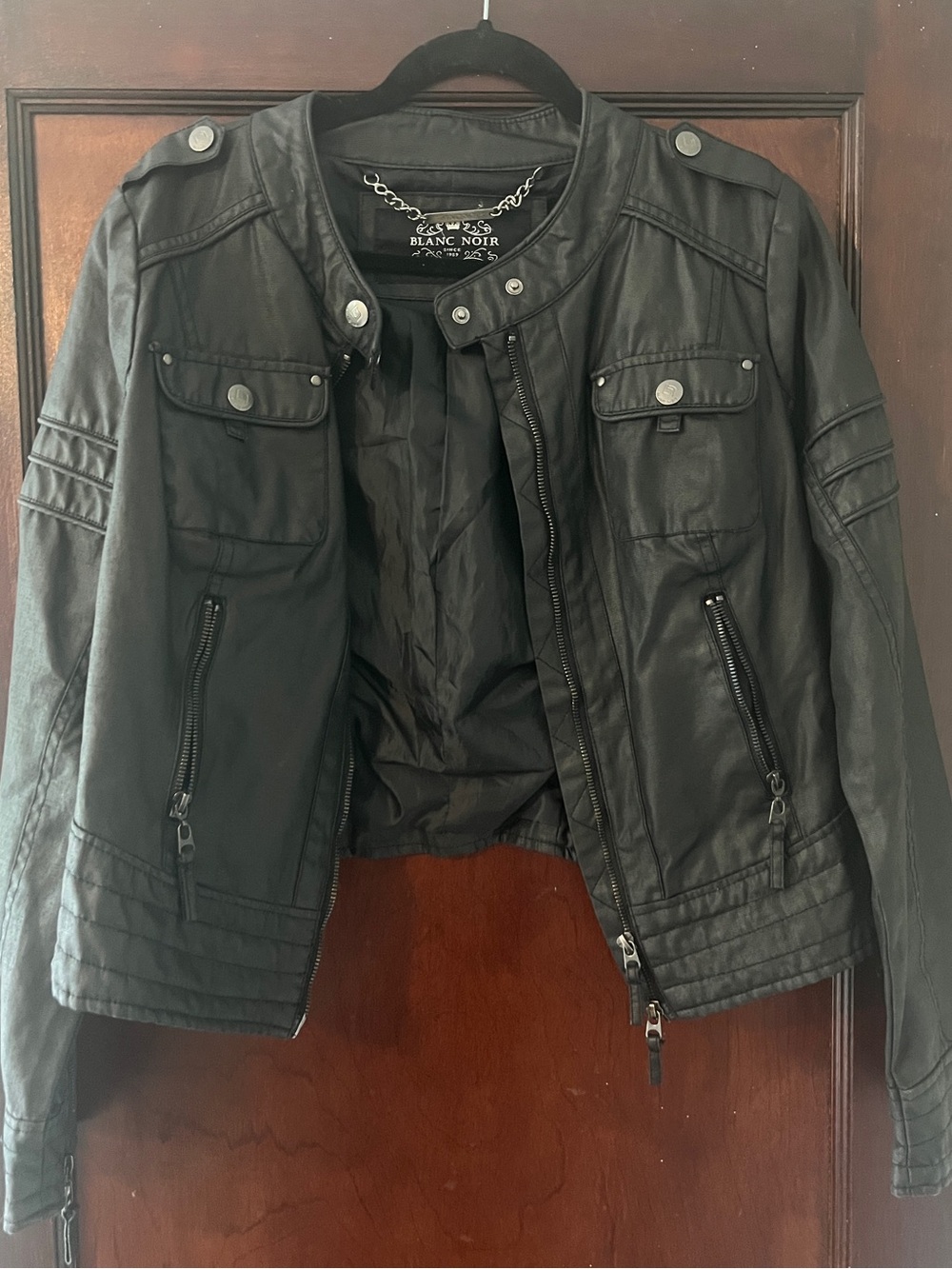 blanc noir Black Faux Leather Moto Jacket with Snap Details